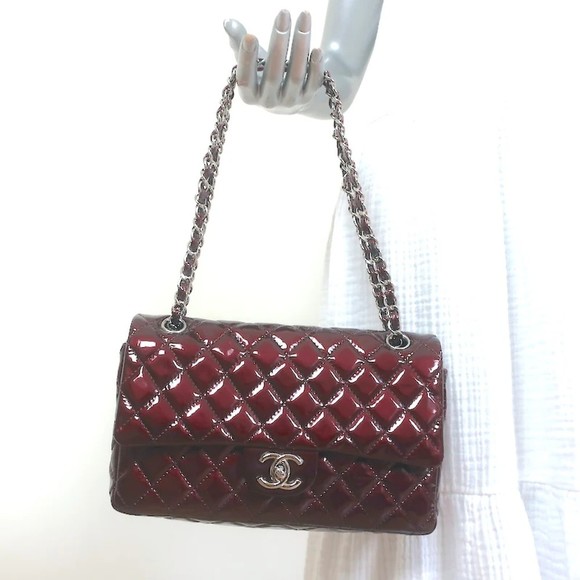 CHANEL Handbags - Chanel 2008 Classic Double Flap Bag Burgundy Quilted Patent Leather Shoulder Bag